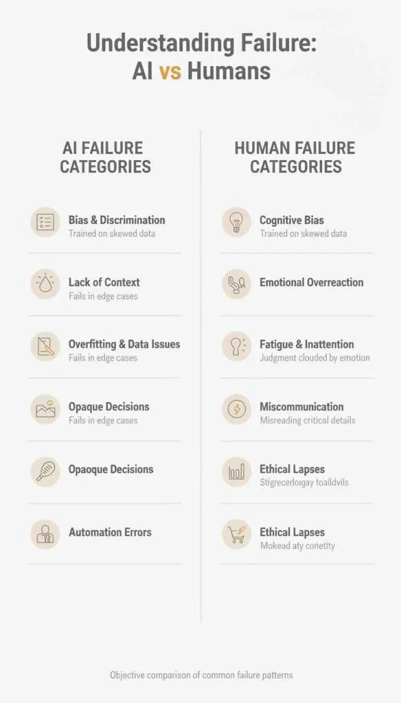 Comparison chart of AI failure patterns versus human failure patterns