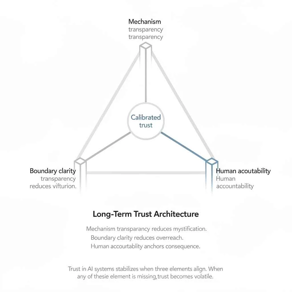 Diagram showing transparency, boundaries, and accountability forming stable AI trust