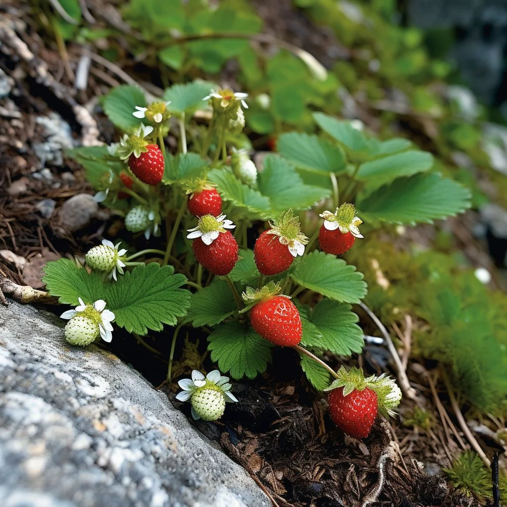 Alpine strawberry plants bearing red fruit and white flowers in rocky soil