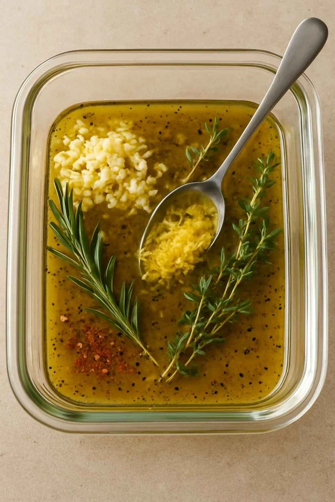 Glass container with olive oil marinade, minced garlic, lemon zest, rosemary and thyme