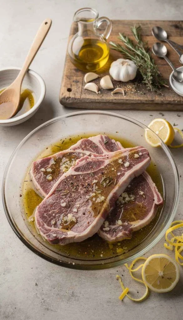 Raw lamb steaks marinating in olive oil with garlic, rosemary, lemon and black pepper