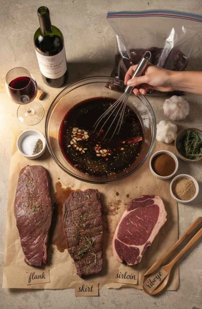 Flank, skirt and ribeye steaks beside bowl of red wine marinade ingredients