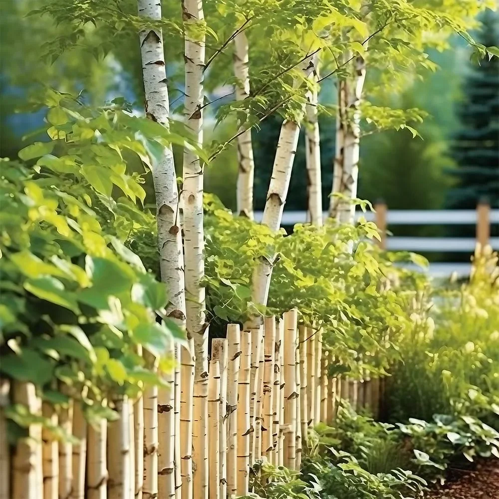 Birch wood garden fence surrounded by lush greenery and slender birch trees