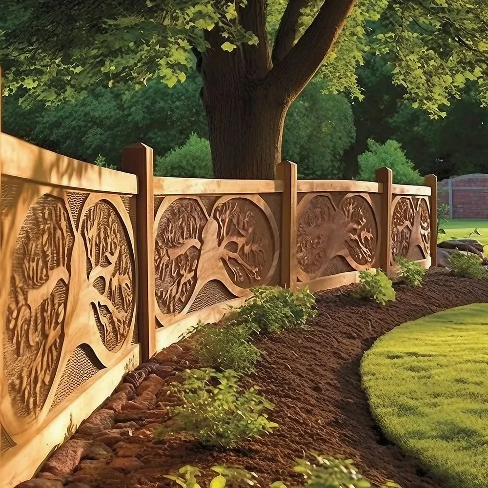 Carved wooden garden fence with tree motifs set in a landscaped backyard