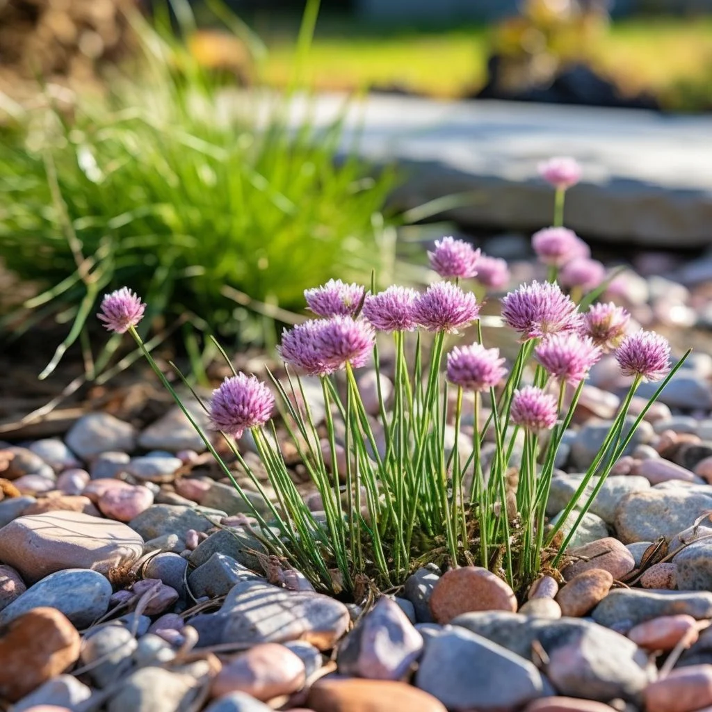 Chives plant with purple flowers growing in a rocky garden setting