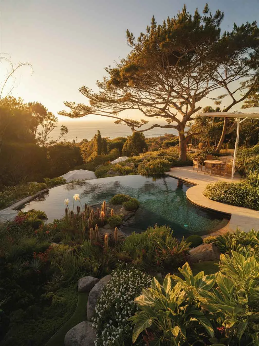 Coastal garden with infinity-style pool, natural planting, and ocean view at sunset