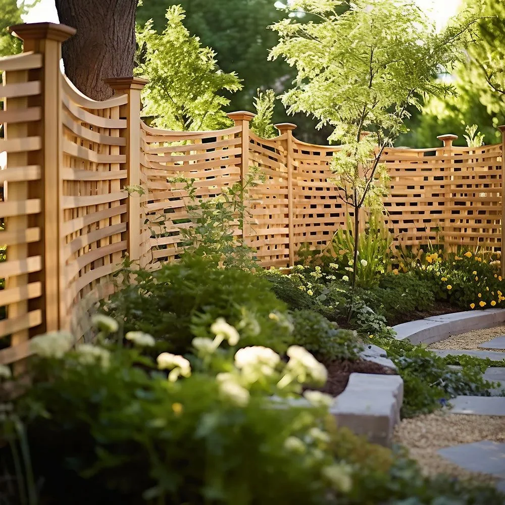 Curved wooden garden fence with layered planting in a modern landscaped garden