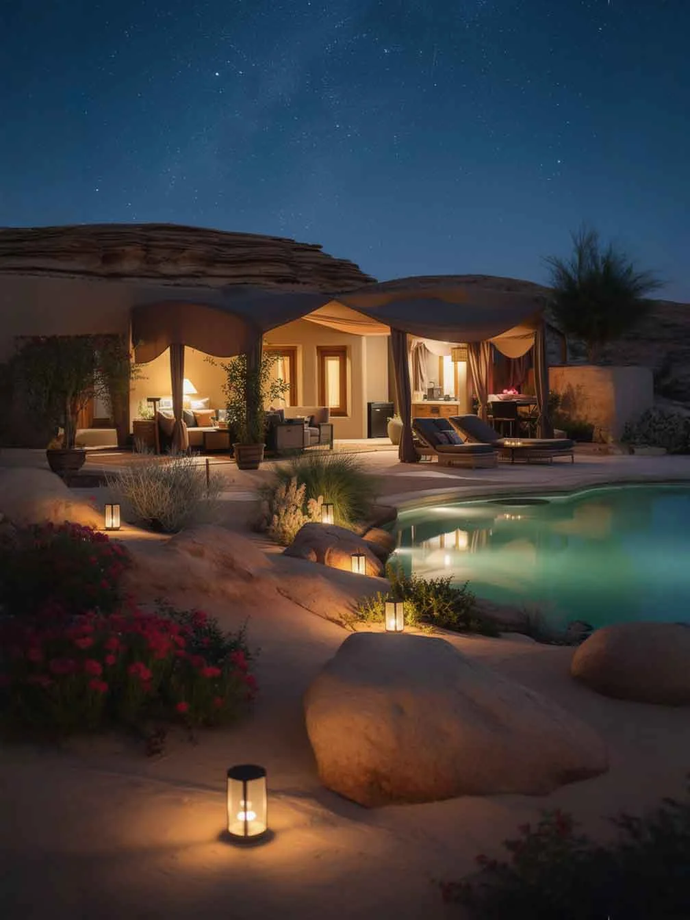 Luxury desert landscape with sandstone surroundings, oasis-style pool, and shaded seating