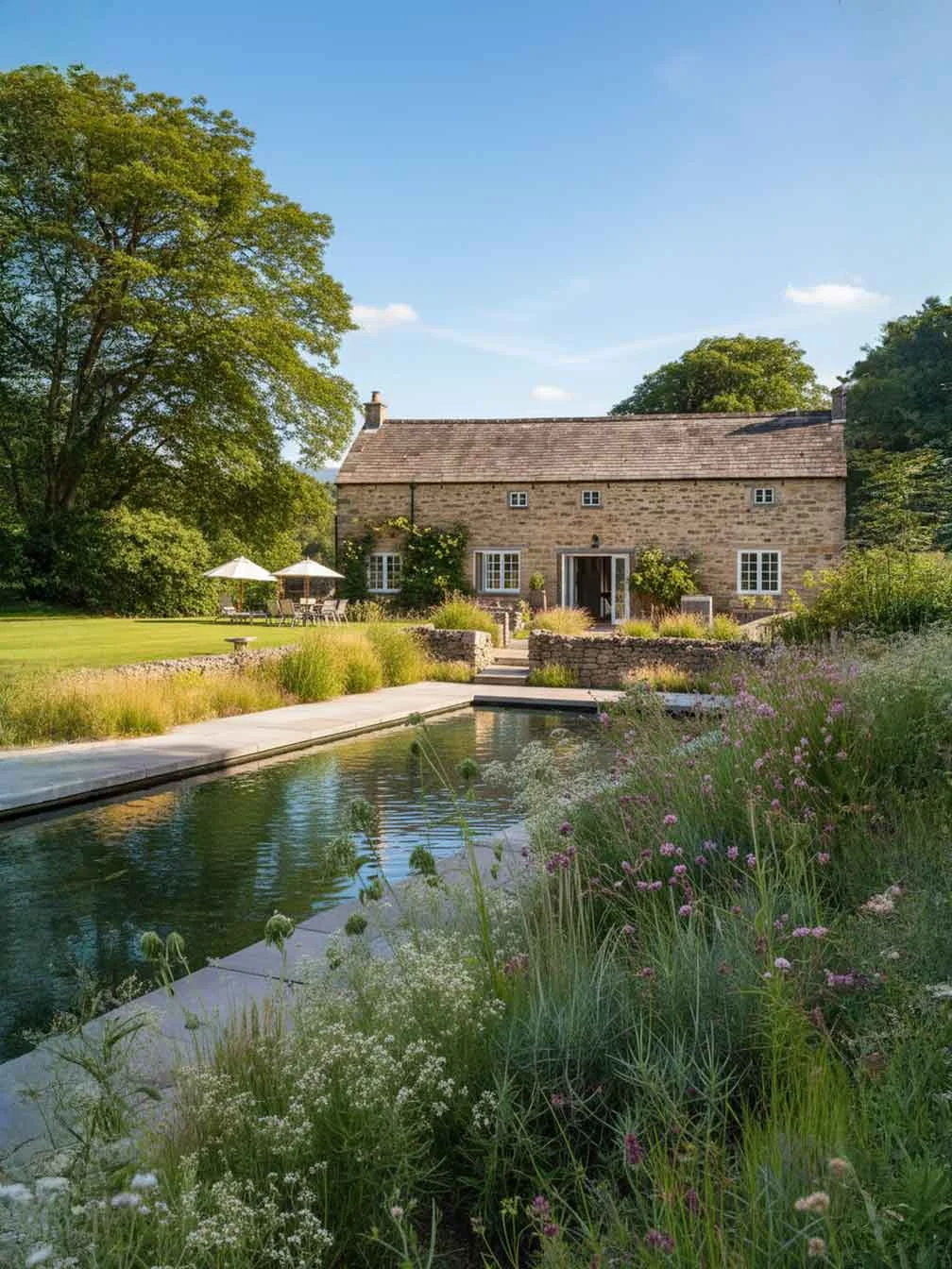 Stone cottage in the English countryside with a natural pond and wildflower garden