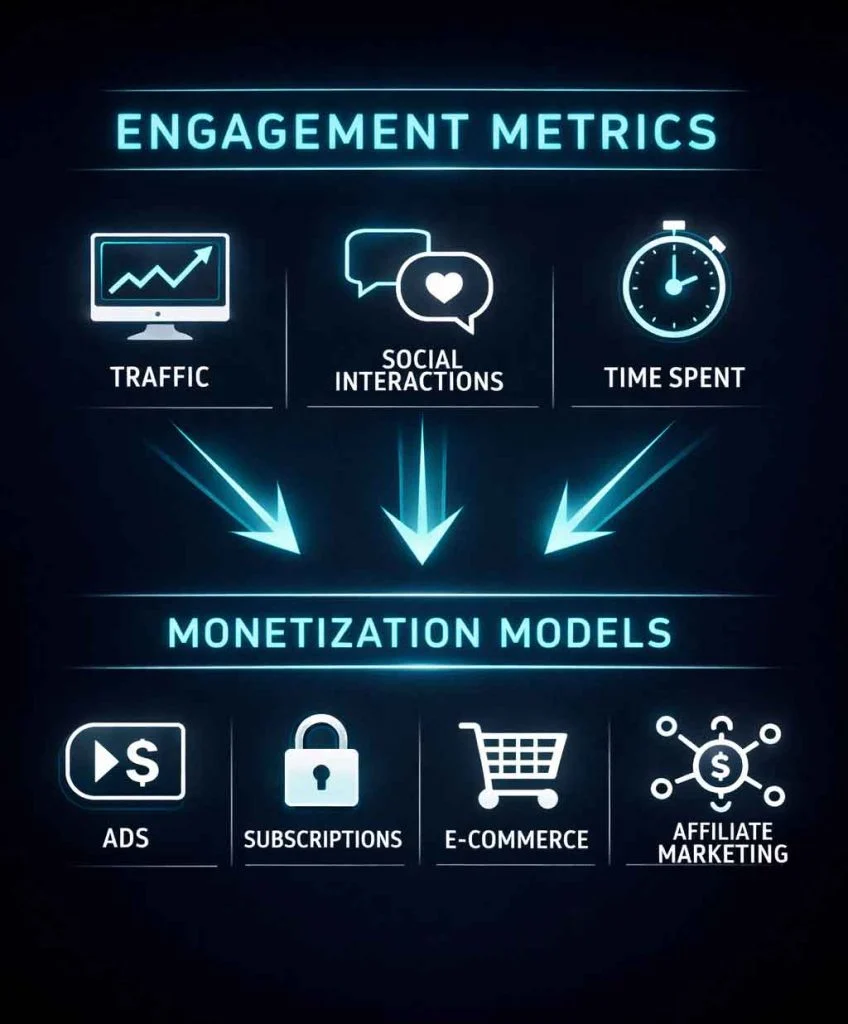 Diagram showing engagement metrics feeding into monetization models