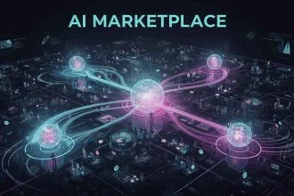 Teenage style AI poster showing digital marketplace nodes clustering toward dominant sellers