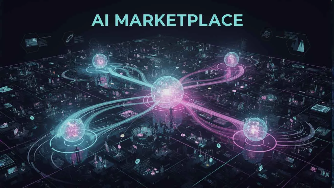 Teenage style AI poster showing digital marketplace nodes clustering toward dominant sellers