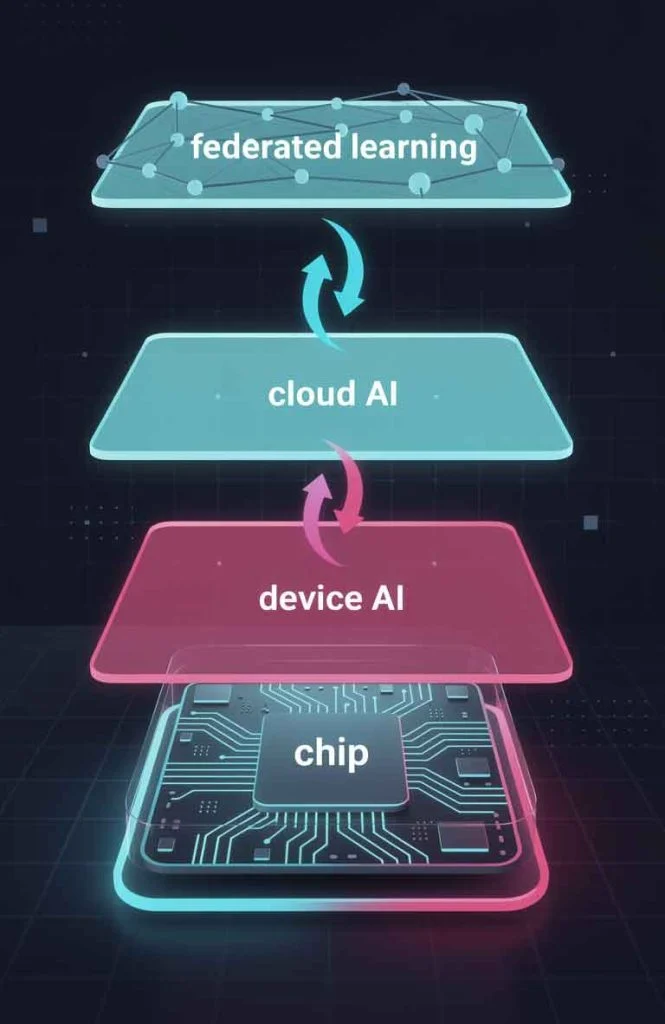 Layered diagram of chip, device AI, cloud AI, federated layer and synchronization loop
