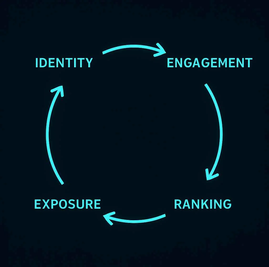 Diagram showing identity presentation feeding engagement which increases reach