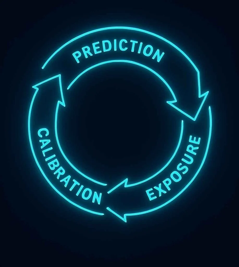 Circular loop diagram showing prediction, calibration, exposure, and behavior feedback