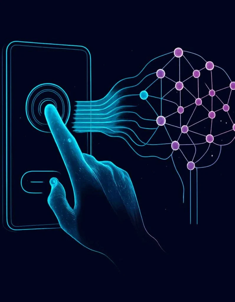 Diagram showing swipe and tap gestures feeding into predictive AI model