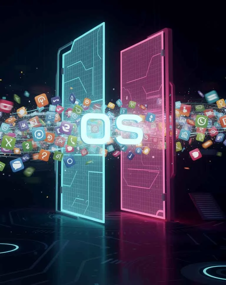Futuristic poster showing operating system gate controlling app visibility