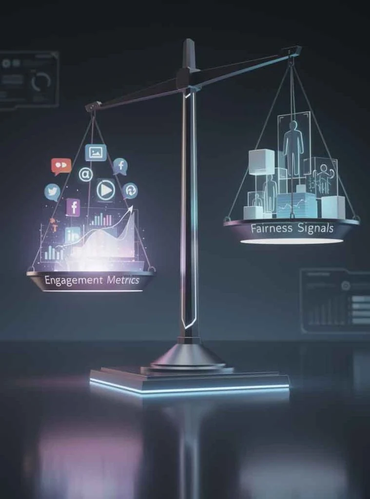 Balance scale representing engagement efficiency versus fairness in algorithm design
