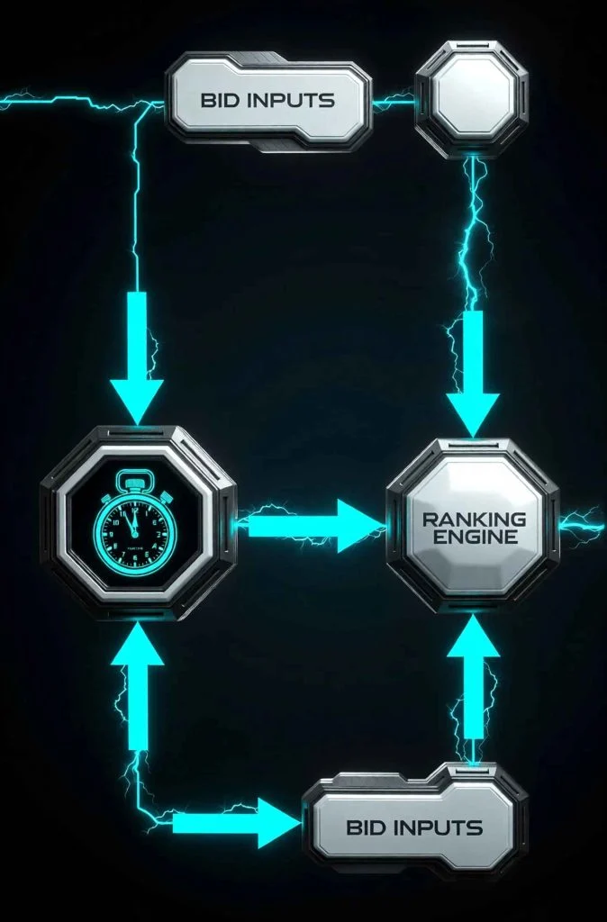 Real-time bidding flow diagram showing millisecond auction process