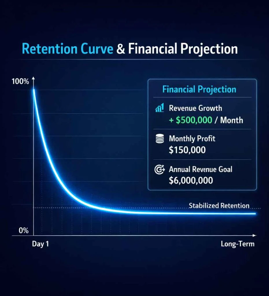 Retention curve graph showing churn decline and lifetime value increase over time