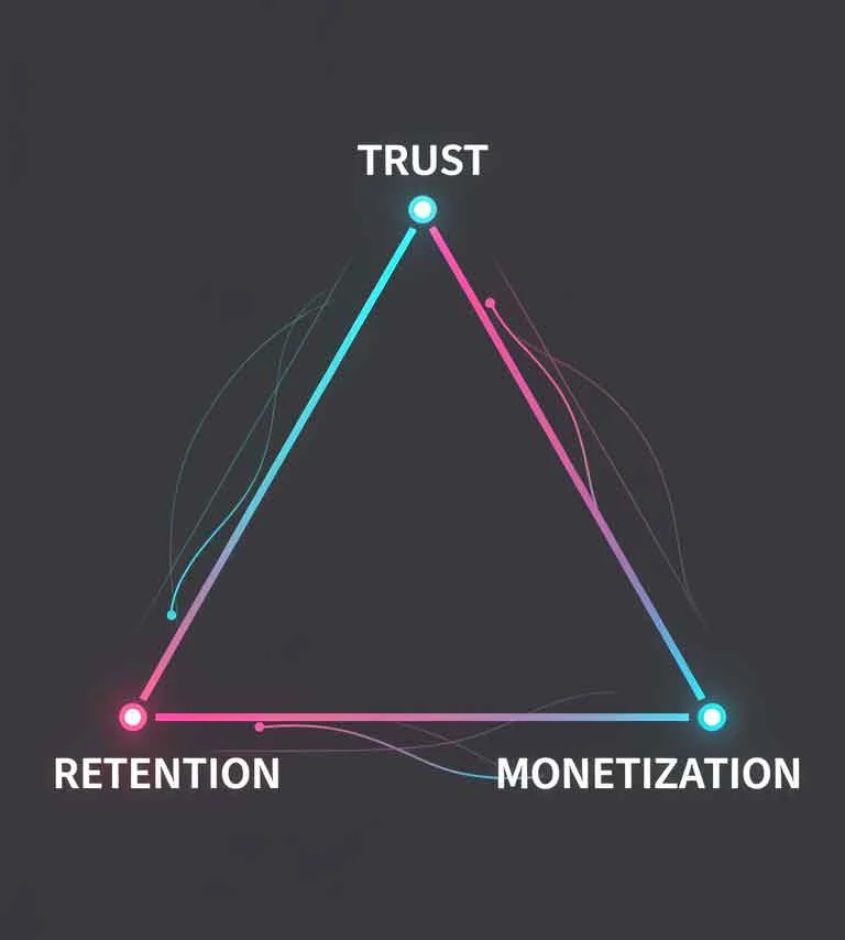 Diagram showing balance between trust, retention, and monetization in subscription systems