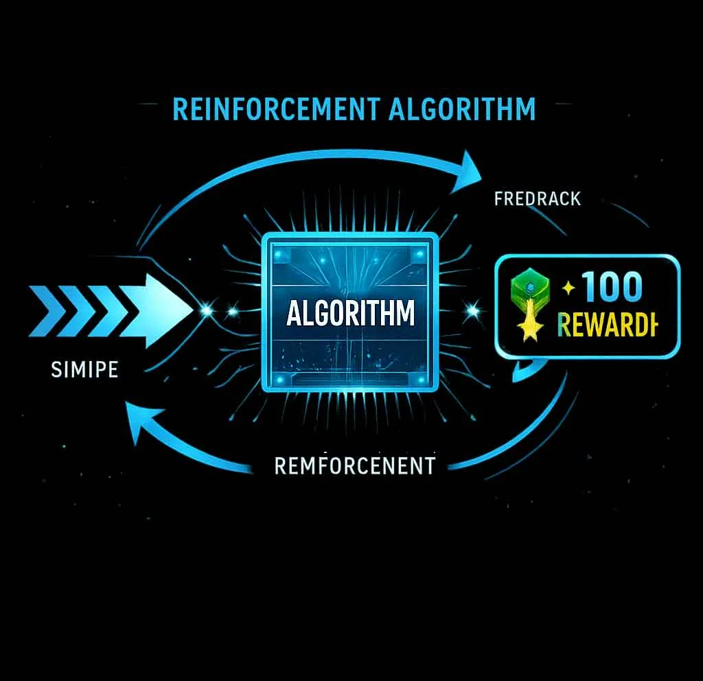 Infographic showing swipe action leading to algorithm ranking and reward loop cycle
