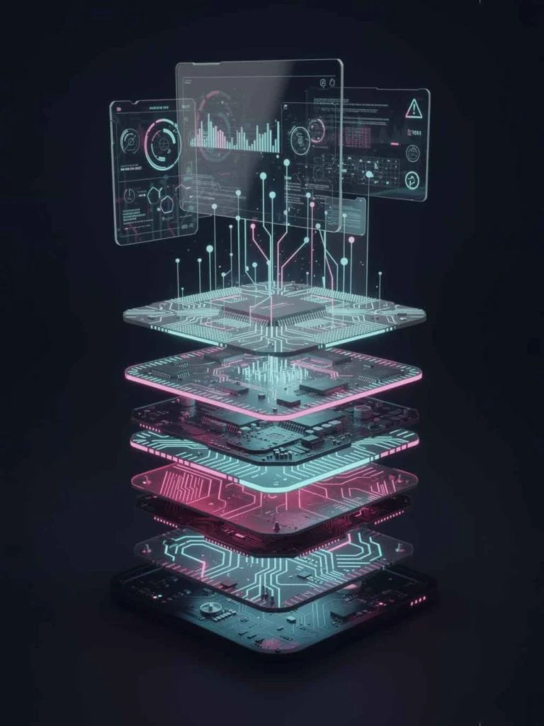 Layered AI chip stack diagram showing hardware and OS integration