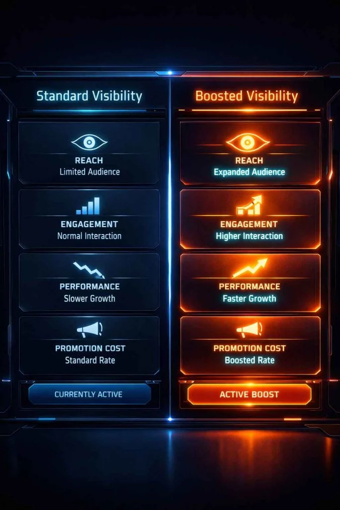 Digital platform interface showing visibility boost feature as premium upgrade option
