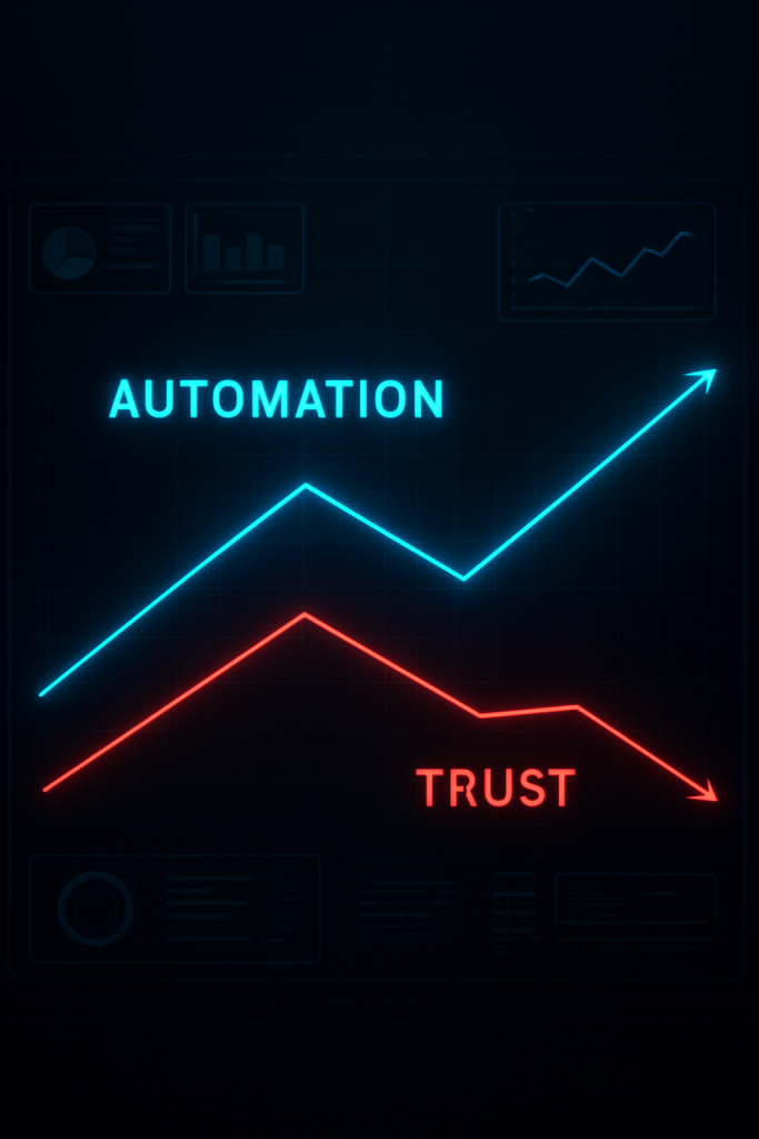 Graph showing automation rate rising while customer trust declines after threshold