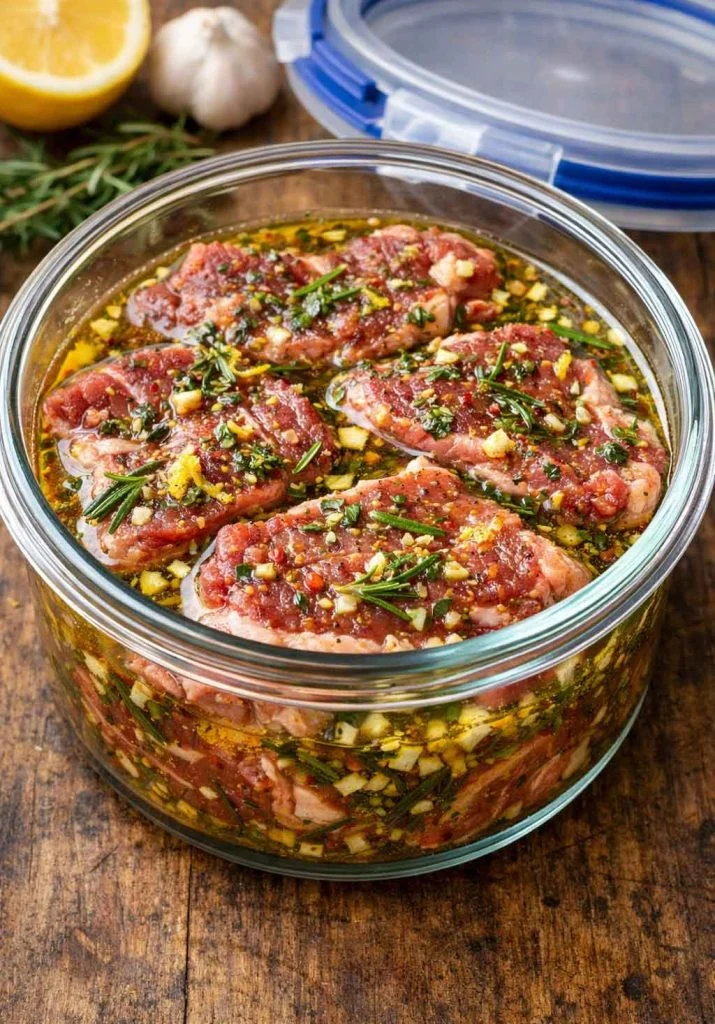 Lamb steaks soaking in garlic lemon herb marinade inside glass container