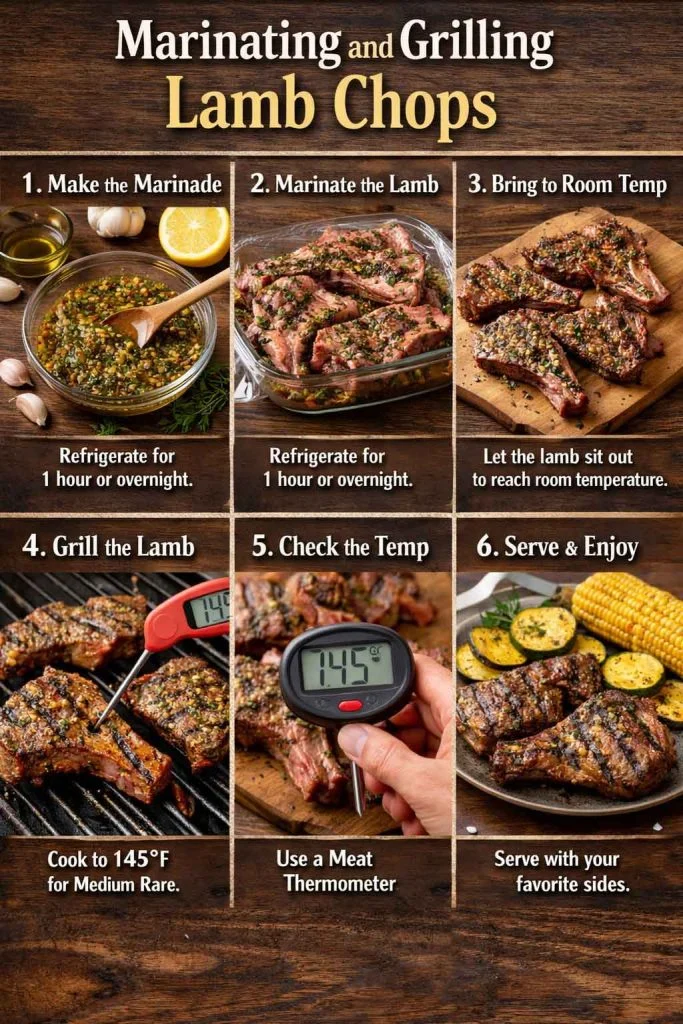 Step by step guide showing how to marinate and grill lamb chops from preparation to serving