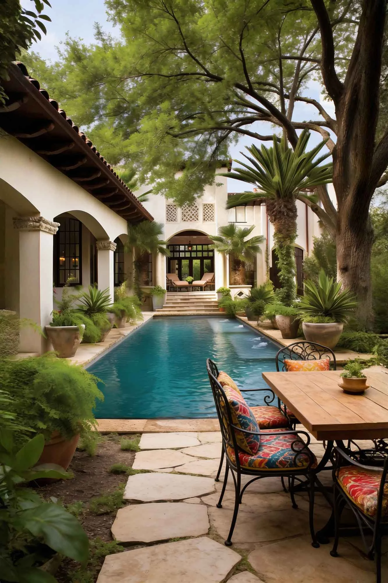 Mediterranean courtyard with rectangular pool, palm trees, and white stucco villa