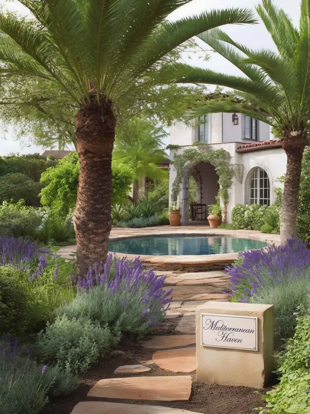 Mediterranean garden with palm trees, stone pathway, and pool beside a white villa