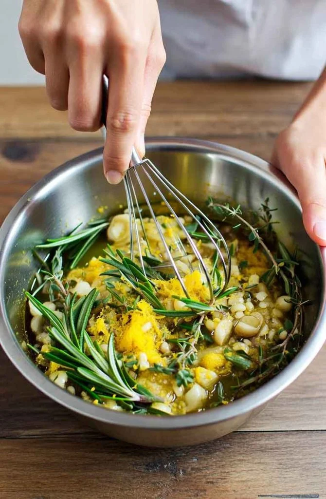Hand whisking olive oil marinade with garlic, lemon zest and fresh herbs in metal bowl