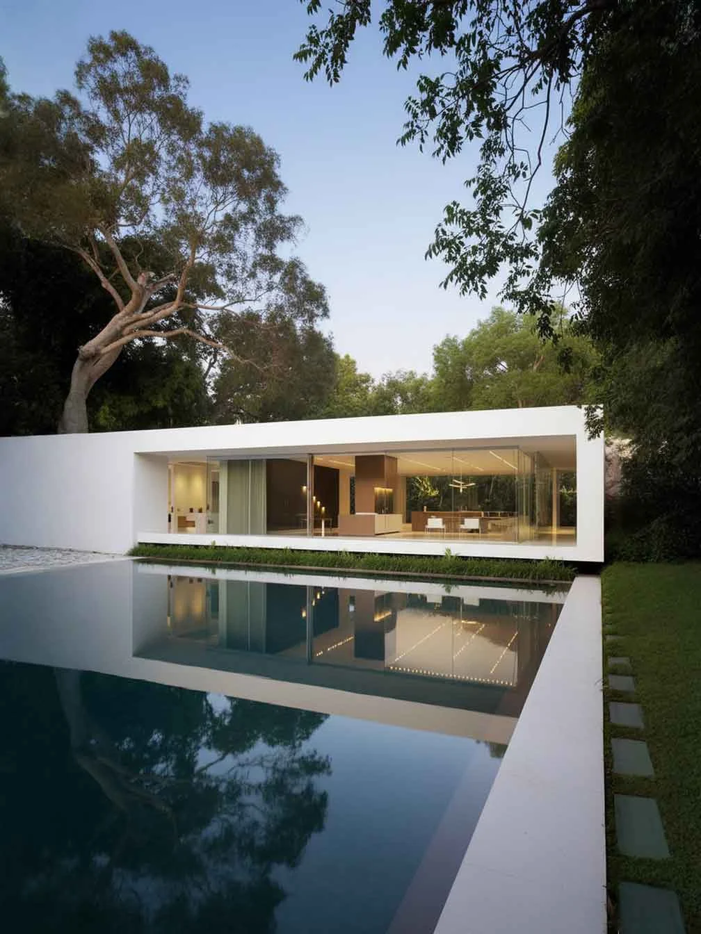 Modern minimalist house with glass walls and a sleek rectangular pool surrounded by greenery