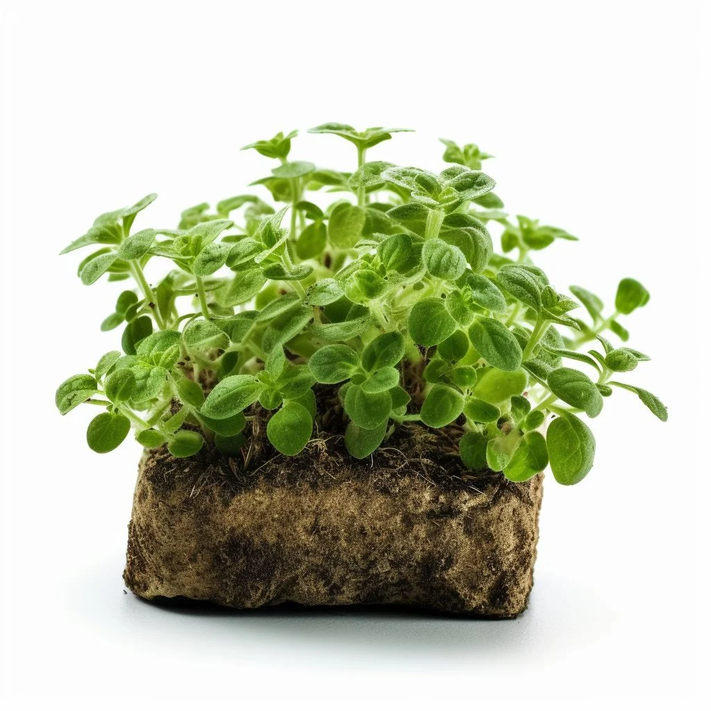 Fresh oregano plant growing in a compact soil block against a white background