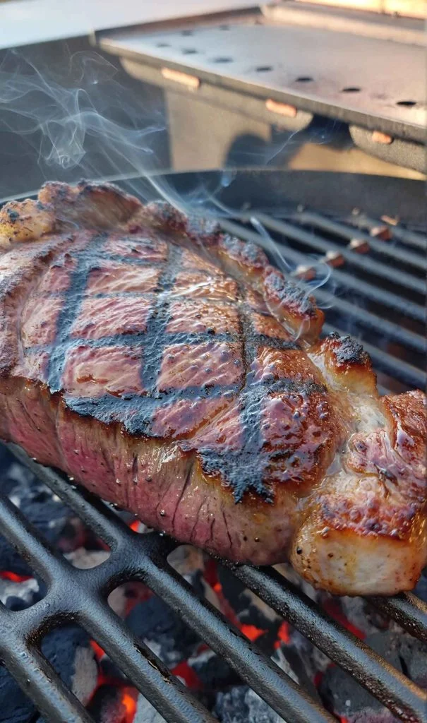 Thick steak with grill marks cooking over charcoal flames