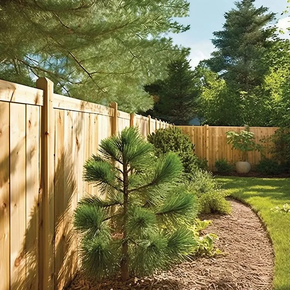 Wooden privacy fence with pine trees and landscaped backyard garden
