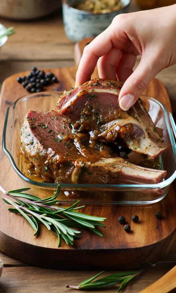 Hand placing marinated lamb chops into glass dish with rosemary and black pepper