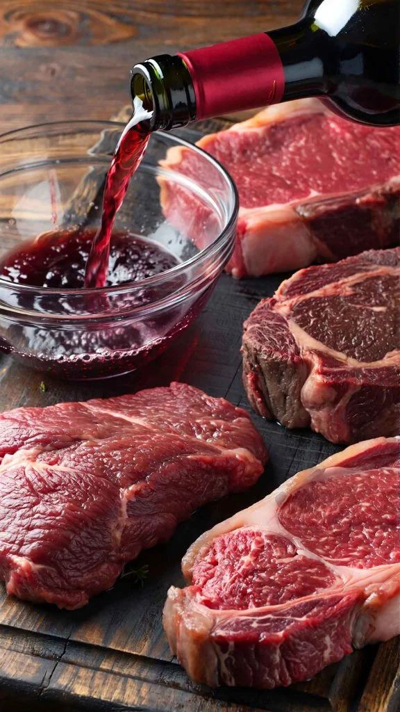 Red wine being poured into glass bowl beside raw beef steaks on wooden board