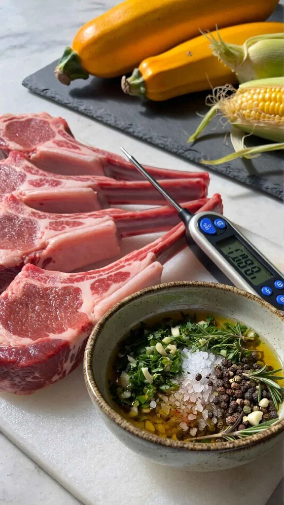 Raw lamb chops with herb garlic marinade ingredients and meat thermometer on countertop