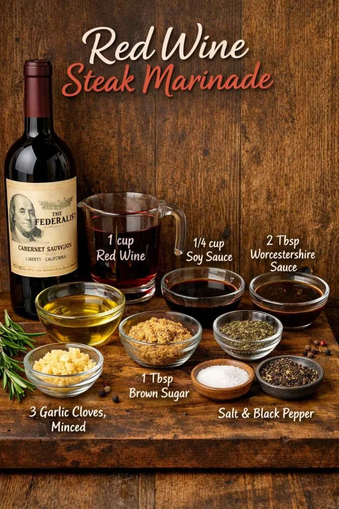 Red wine steak marinade ingredients including cabernet wine soy sauce Worcestershire garlic brown sugar herbs salt and pepper