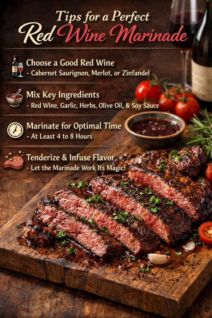 Infographic showing tips for making a perfect red wine steak marinade with sliced grilled steak