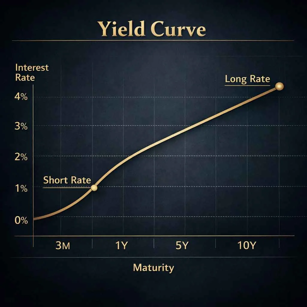 Government bond yield curve showing short term and long term rate differences