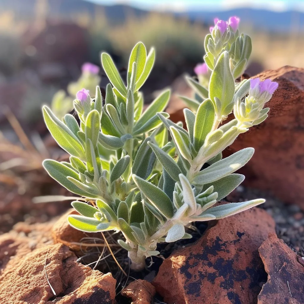 Sage herb plant with silvery green leaves growing in rocky soil