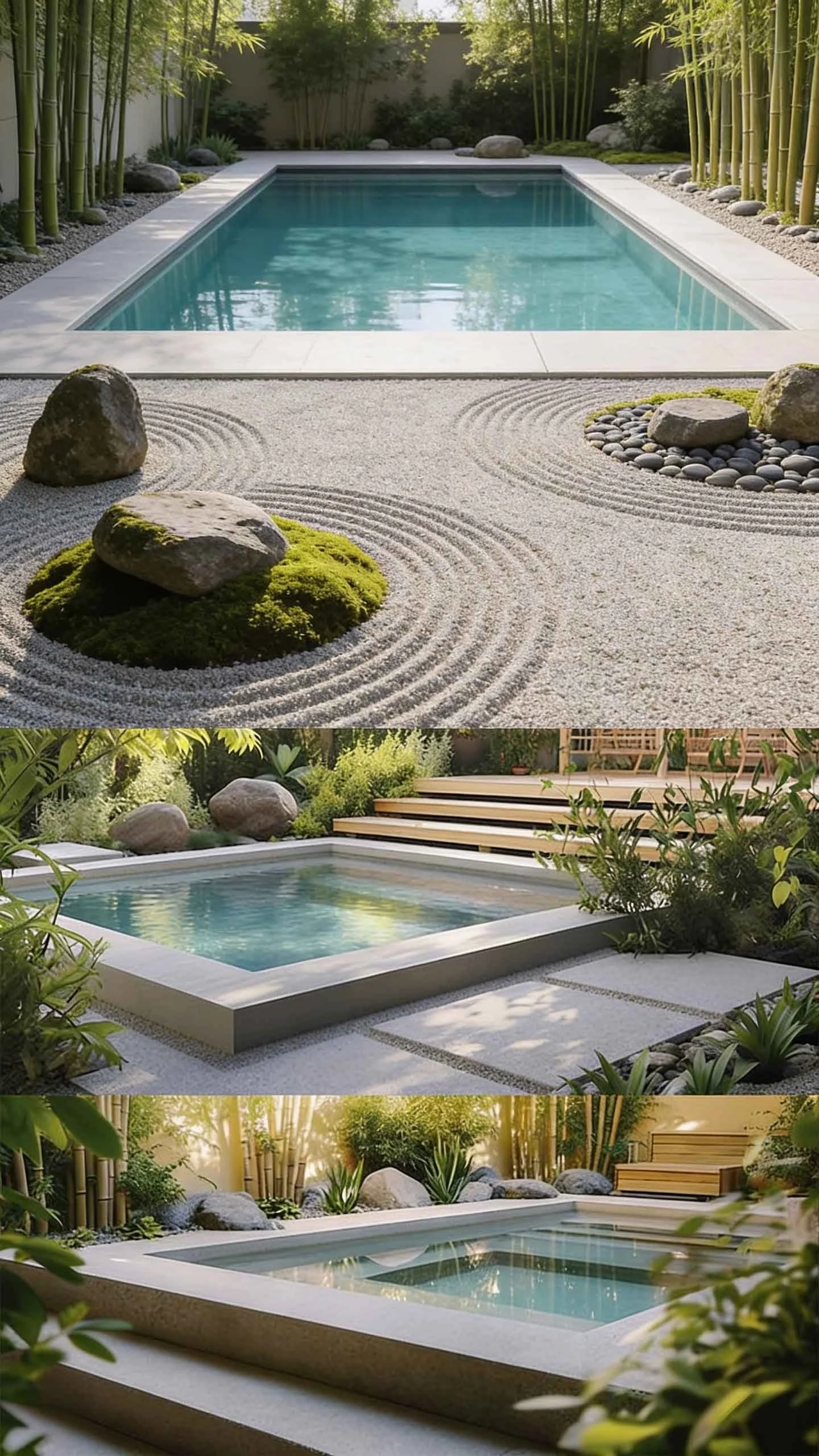 Minimalist zen garden with rectangular pool, raked gravel, stones, and bamboo plants