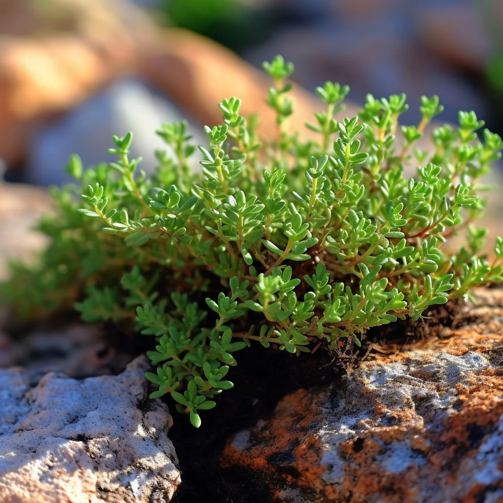 Fresh thyme plant growing naturally between rocks in well-drained soil