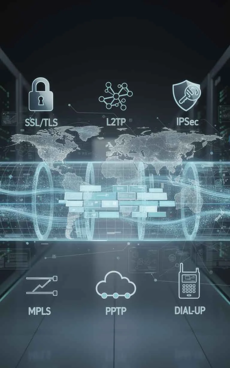 Different types of VPN mechanisms including L2TP IPSec PPTP SSL TLS and MPLS illustrated as secure network tunnels