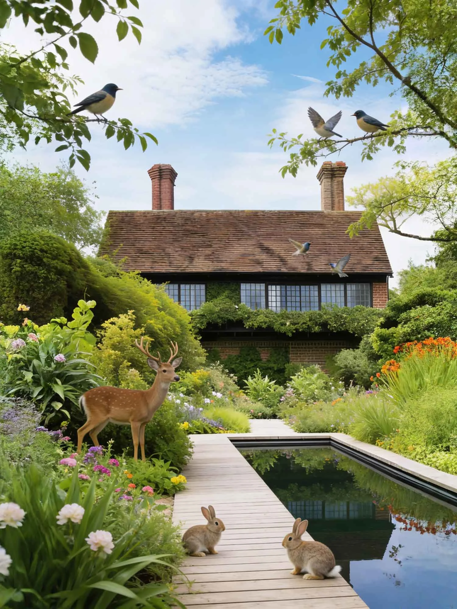 Wildlife-friendly garden with natural pond, native plants, and dense greenery