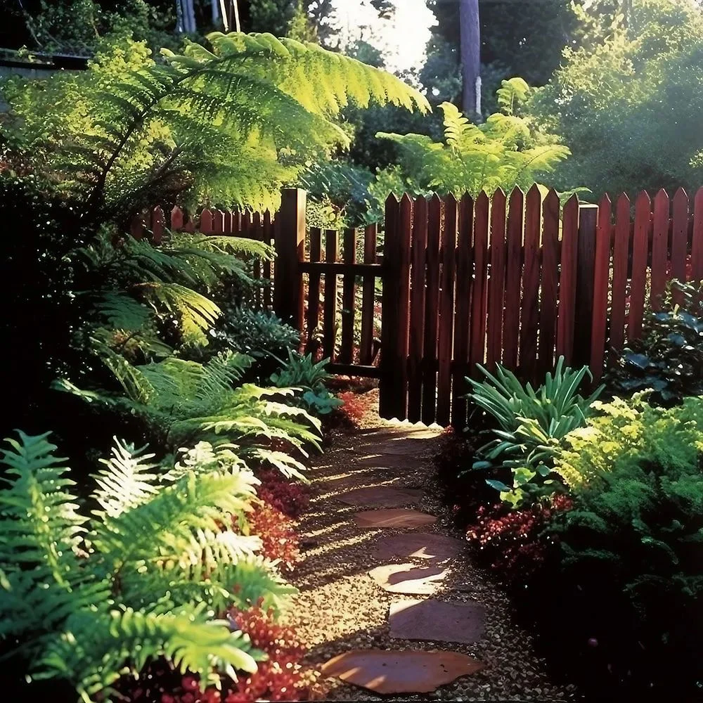 Wooden garden gate opening onto a forest-style pathway surrounded by lush greenery